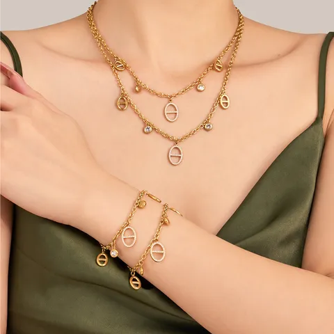 Stainless Steel 18K Gold Plated Zirconia Necklace Bracelet Set Chic Lightweight Geometric Pendant Chain Jewelry For Women Party