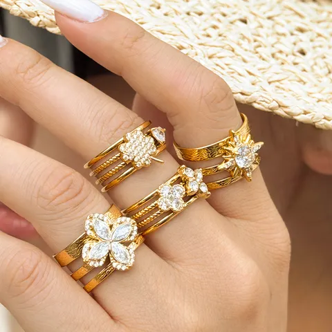 Anello Aperto in Acciaio Inossidabile di Lusso Con Zirconia Intarsiata per Donna Oro Argento Placcato Cuore Quadrifoglio Stella Foglia Multistrato Regolabile Gioielli di Moda Regalo