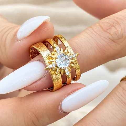 Anello Aperto in Acciaio Inossidabile di Lusso Con Zirconia Intarsiata per Donna Oro Argento Placcato Cuore Quadrifoglio Stella Foglia Multistrato Regolabile Gioielli di Moda Regalo