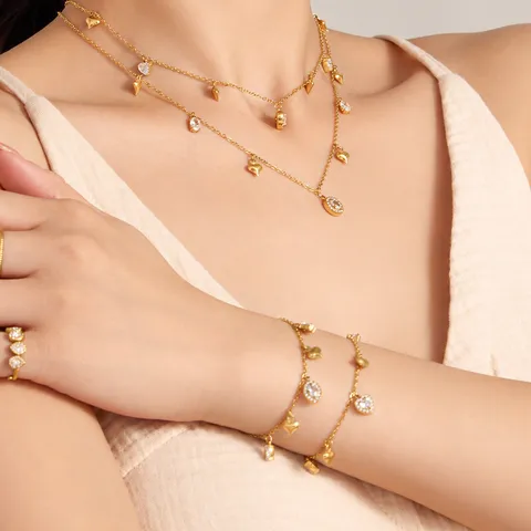Stainless Steel Zirconia Heart Oval Pendant Gold Plated Link Chain Necklace Bracelet Stud Earrings Vintage Jewelry For Women