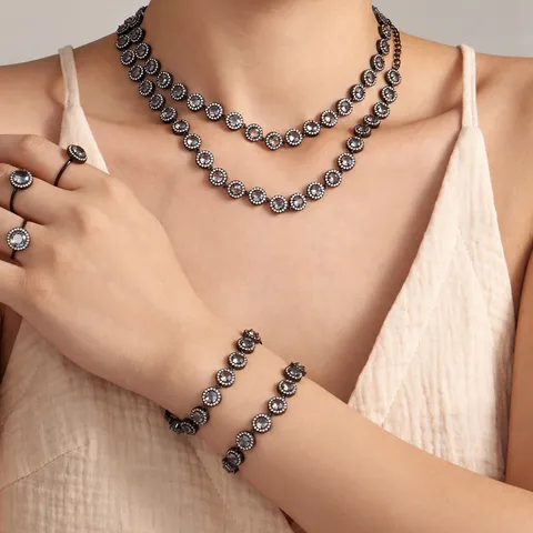 Vintage Black Stainless Steel Zirconia Jewelry Necklace Bracelet Ring Earrings For Women Retro Chic Style Party Accessory Jewelry