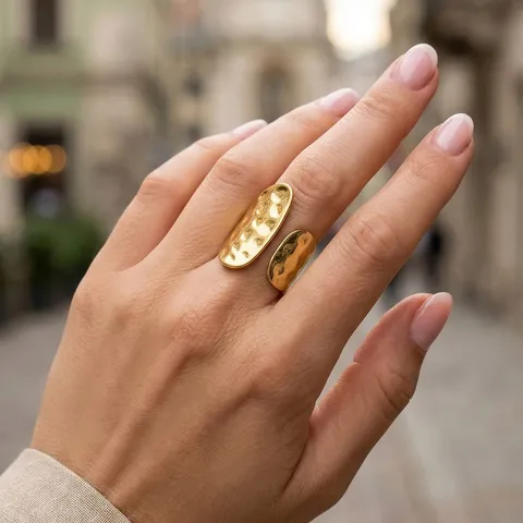 Minimalist 304 Stainless Steel Hammered Texture Open Ring For Women 18K Gold Plated Artificial Pearl Finger Ring Jewelry Gift