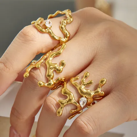 Irregular Stainless Steel Zirconia Ring For Women Geometric Lava Texture Open Adjustable Finger Ring Fashion Minimalist Jewelry
