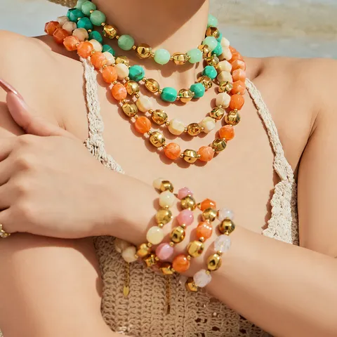 Women Stainless Steel Resin Bead Jewelry Set Retro Chic Round Bead Necklace Bracelet Gold Silver Plated Jewelry Gift