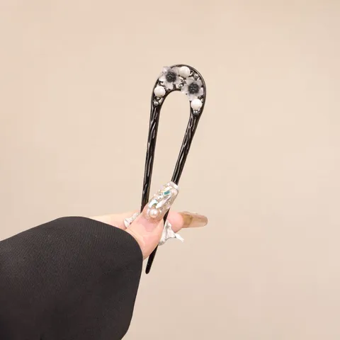 Vintage U-Shaped Hair Pin Alloy Ink Floral Artificial Pearl Hair Stick For Women Hanfu Cheongsam Accessory Electroplated Hair Piece