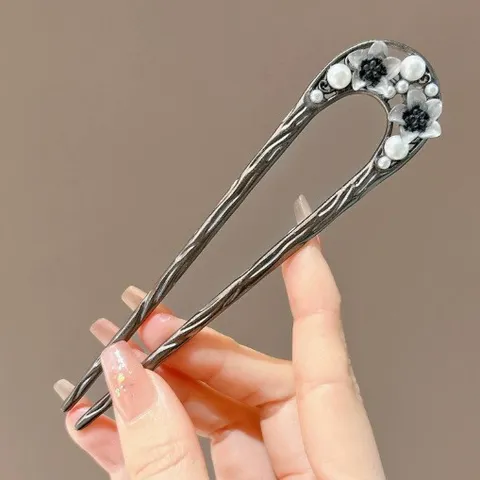 Vintage U-Shaped Hair Pin Alloy Ink Floral Artificial Pearl Hair Stick For Women Hanfu Cheongsam Accessory Electroplated Hair Piece