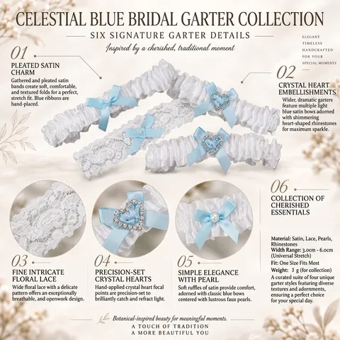 Giarrettiera da Sposa in Pizzo Bianco Raso Fiocco Blu Perla Artificiale Strass Cuore Fascia per Gamba Matrimonio Gioielli Donna