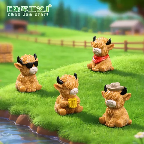 Miniature Resin Highland Cow Figurines With Sunglasses And Cowboy Hats Cartoon Animal Sculptures For Garden Micro Landscape Desktop Decor