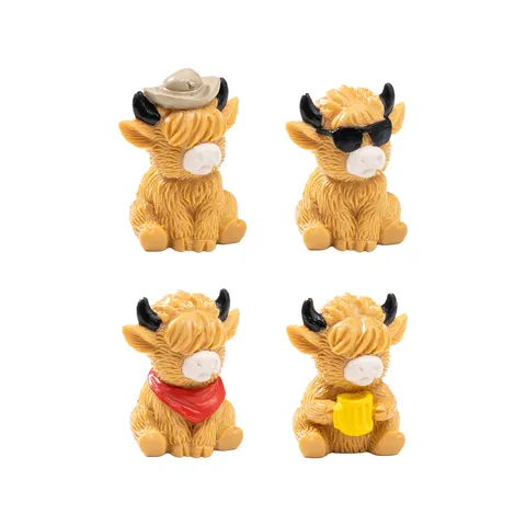 Miniature Resin Highland Cow Figurines With Sunglasses And Cowboy Hats Cartoon Animal Sculptures For Garden Micro Landscape Desktop Decor
