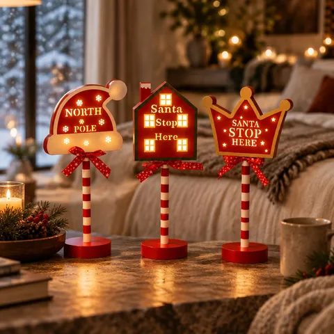 Christmas LED Wood Sign Ornament Glowing Desktop Road Sign North Pole Santa Stop Here Festive Home Scene Decoration Light Stand