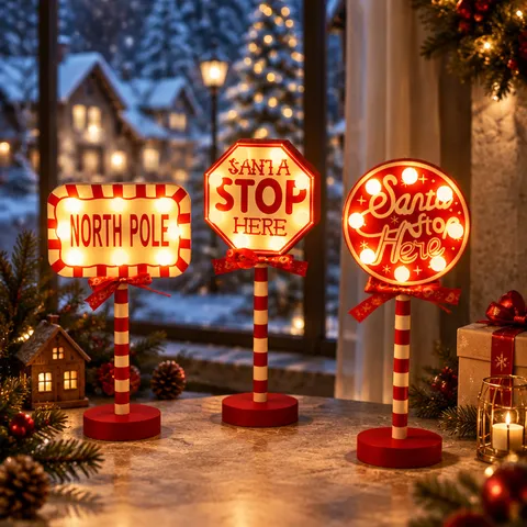 Christmas LED Road Sign Wooden Desktop Decoration Light Santa Stop Here North Pole Striped Pole Festive Ornament