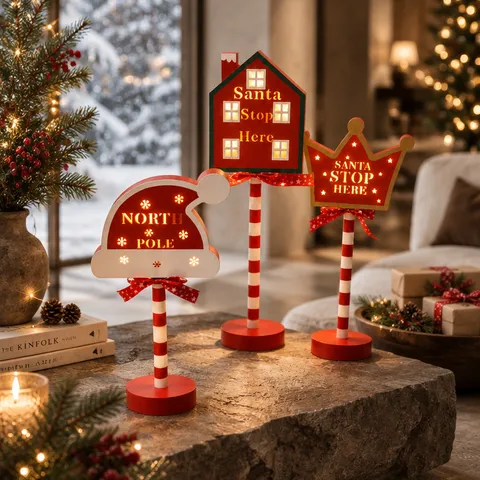 Christmas LED Road Sign Wooden Desktop Decoration Light Santa Stop Here North Pole Striped Pole Festive Ornament