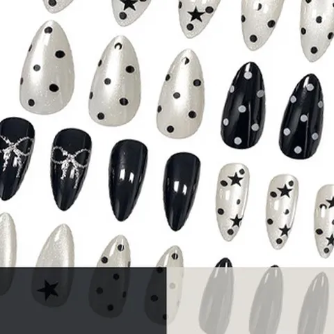 24Pcs Short Almond Shape Press On Nails With Star Polka Dot Bow Design Glossy Black White Manicure Tips For Women Daily Party Nail Art
