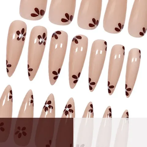 Elegante Lange Stiletto Künstliche Fingernägel Zum Aufkleben Nude Rosa Blumenmuster Glänzend Fake Nails Mit Gelee-Kleber Und Nagelfeile Für Damen Alltag Party