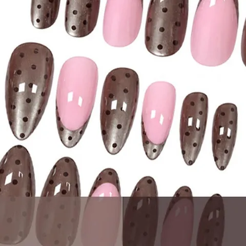 French Brown Cat Eye Press On Nails Long Almond Shape Pink Polka Dot Design Luxury Artificial Nails Set For Women Daily Nail Art Decor