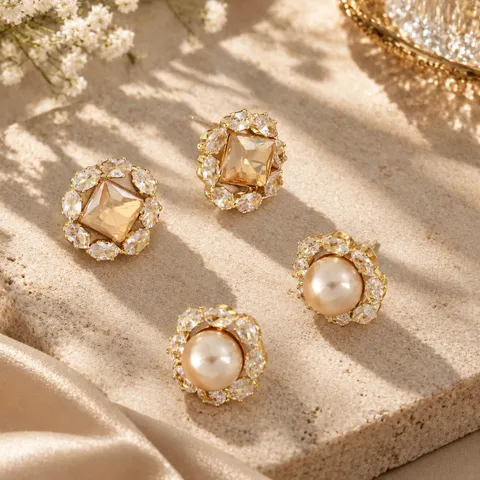 Vintage Geometric Rhinestone Artificial Pearl Stud Earrings For Women 925 Sterling Silver Post Luxurious Gold Earrings Jewelry