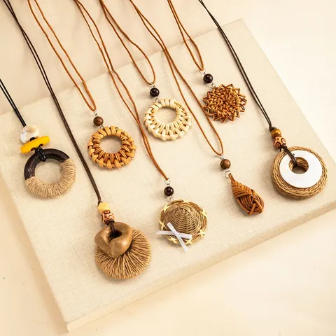 Bohemian Ethnic Retro Handmade Wooden Woven Geometric Teardrop Pendant Long Necklace For Women Vintage Jewelry Vacation Gift