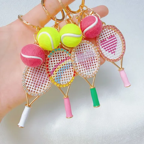 Tennis Racket Heart Keychain Rhinestone Alloy Key Ring With Plush Ball Sports Style Bag Pendant For Women Girls Gift