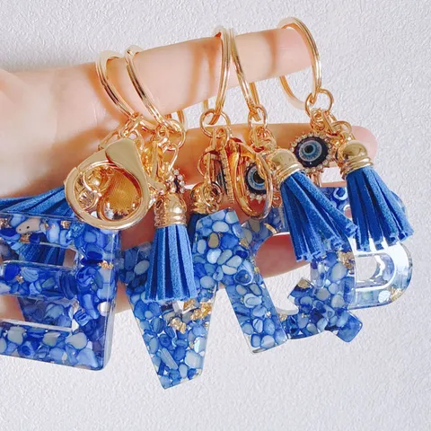 Royal Blue Resin 26 Alphabet Keychain Gold Foil Letter Keyring With Evil Eye And Tassel Bag Charm Fashion Accessories Gift