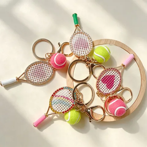Tennis Racket Heart Keychain Rhinestone Alloy Key Ring With Plush Ball Sports Style Bag Pendant For Women Girls Gift