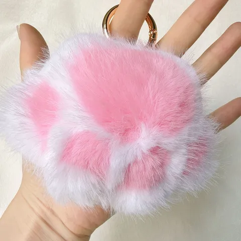 Cute Faux Mink Fur Plush Keychain Cat Paw Heart Star Shaped Bag Ornament Kawaii Keyring For Couple Women Girls Gift