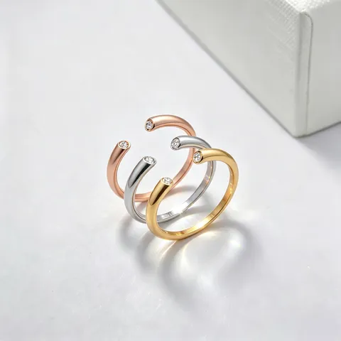 Minimalistische Roestvrij Stalen Open Ring Voor Vrouwen Goud Zilver Verguld Dubbele Strass Verstelbare Mode Vinger Sieraden