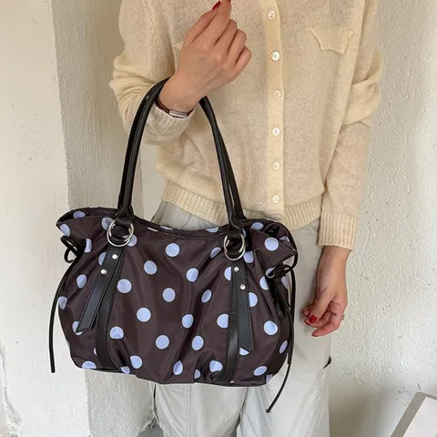 Large Capacity Polka Dot Print Fabric Tote Bag For Women Simple Commuter Shoulder Bag High-End Light Luxury Handbag Casual Daily Carry Bag
