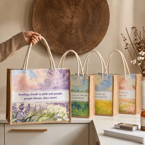 Sac Cabas en Jute Vintage Grande Capacité Sac à Main Décontracté Peinture à l'Huile Florale Sac de Shopping Réutilisable