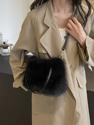 Minimalistische Plüsch Umhängetasche Für Damen Weiche Kunstfell Schultertasche Casual Winter Handtasche Einbufarbig Tägliche Handtasche