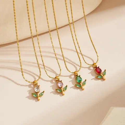 Titanstahl Tulpe Blume Anhänger Halskette Strass Floral Schlüsselbein Kette Vergoldet Süße Stil Schmuck Fußkettchen Für Damen