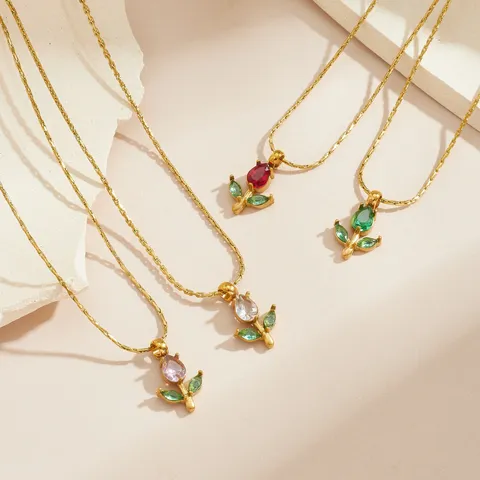 Titanstahl Tulpe Blume Anhänger Halskette Strass Floral Schlüsselbein Kette Vergoldet Süße Stil Schmuck Fußkettchen Für Damen