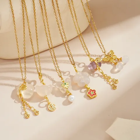 Chinesischer Retro-Stil Vergoldet Edelstahl Achat Friedensschnalle Glücksbeutel Quaste Anhänger Halskette Für Damen Elegant Schmuck Geschenk