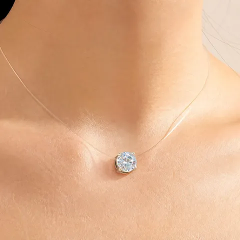 Titanium Steel Mermaid Tears Pendant Necklace For Women Invisible Fishing Line Rhinestone Inlaid Square Charm Dainty Jewelry Gift