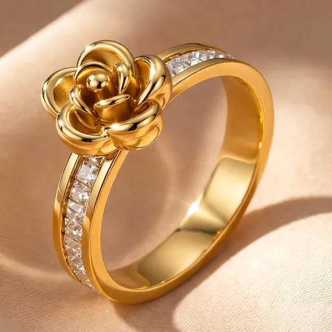 Individueller Titanstahl Rose Blume Ring Mit Einreihigem Quadratischem Strass Luxuriöser Personalisierter Fingerring Für Damen Schmuck