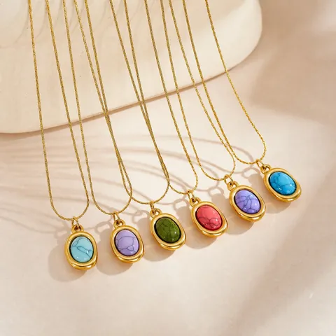 Vintage Minimalistisch Edelstahl Naturstein Anhänger Halskette Für Damen Raffiniert Retro Oval Geometrisch Schlüsselbein Kette Schmuck Geschenk