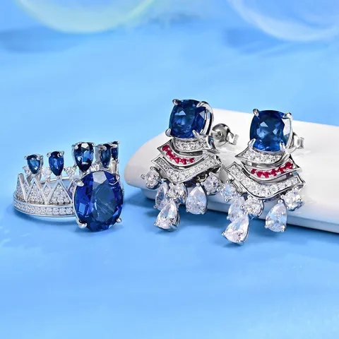 S925 Argento Zaffiro Creato in Laboratorio Orecchini Retro Ventaglio Gemma Colorata Frangia Lusso Lunghi Pendenti Per Donne