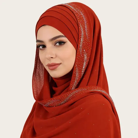 Écharpe Chiffon Mode Femme Élégante Couleur Unie Strass Long Hijab Écharpe Châle Polyvalent