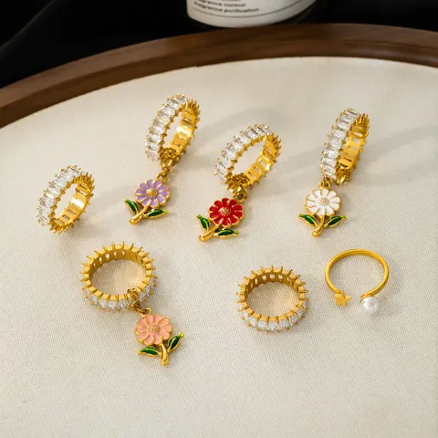 Original Design Titanstahl Tropföl Bunte Blume Ring Für Damen Leicht Luxus Exquisit Dopamin Vergoldet Strass Fingerring