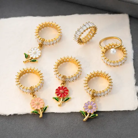 Original Design Titanstahl Tropföl Bunte Blume Ring Für Damen Leicht Luxus Exquisit Dopamin Vergoldet Strass Fingerring