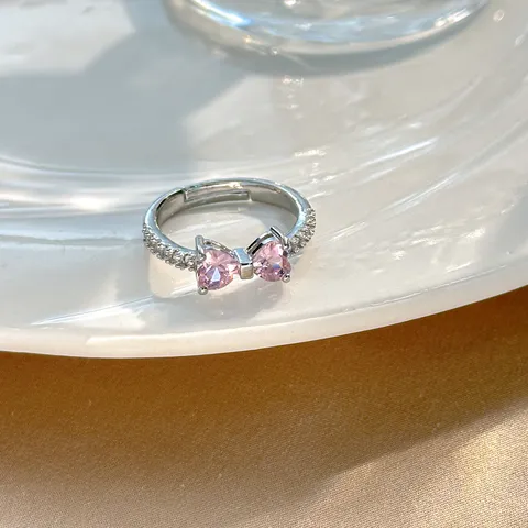 Koreanischer Stil Kupfer Rosa Strass Herz Schleife Offener Ring Für Damen Süßer Glänzender Minimalistischer Verstellbarer Ring Schmuck
