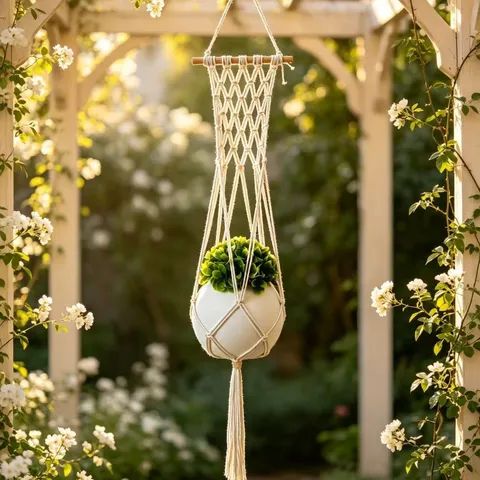 Handwoven Cotton Macrame Plant Hanger Boho Hanging Planter Basket With Wooden Bar Wall Decor Flower Pot Holder Indoor Outdoor Garden Decoration