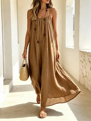 Women Solid Color Pleated Backless Camisole Maxi Dress Polyester Spandex Beach Holiday Casual Draped Strappy Dress