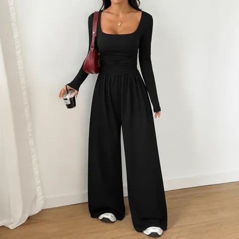 Women's Fashion Long Sleeve Square Neck Wide Leg Jumpsuit Elegant Solid Color Ruched Slim One-Piece Romper For Women
