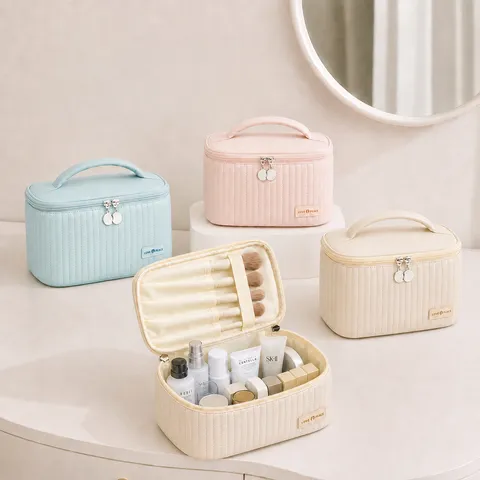 Quilted PU Leather Makeup Bag Large Capacity Portable Handheld Toiletry Storage Pouch For Women Travel Daily