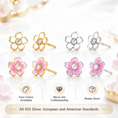 925 Sterling Silber Kirschblüten Ohrstecker Für Damen Elegante Emaille Sakura Blumen Ohrringe Mit Zirkonia Schmuck Geschenk