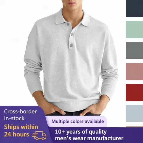 Camisa Polo Casual de Manga Larga para Hombre con Botones Cuello en V Corte Holgado Poliéster Color Sólido Otoño Primavera