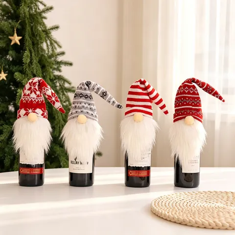 Christmas Gnome Wine Bottle Cover Knitted Nordic Faceless Doll For Dining Table Xmas Party Decoration Bottle Topper Gift