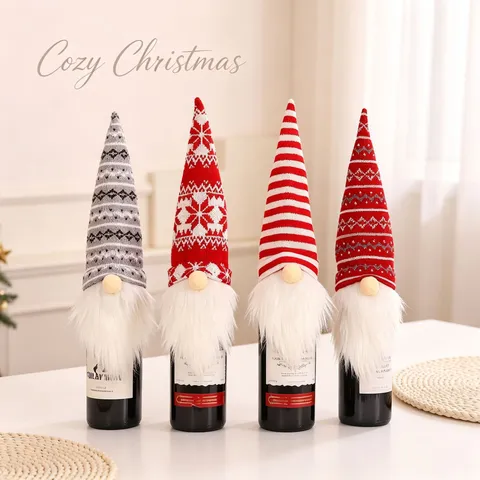 Christmas Gnome Wine Bottle Cover Knitted Nordic Faceless Doll For Dining Table Xmas Party Decoration Bottle Topper Gift
