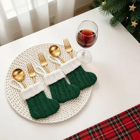 Mini Calza Di Natale Porta Posate In Maglia Tasca Per Utensili Da Appendere Decorazione Tavola Festiva Ornamento A Treccie