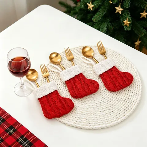 Mini Calza Di Natale Porta Posate In Maglia Tasca Per Utensili Da Appendere Decorazione Tavola Festiva Ornamento A Treccie